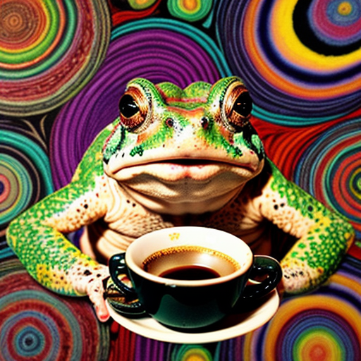 A hillarious, funny boho toad with some hippie colored coffee cups. Psychedelic decorated background, hyperrealistic. Close-up view.