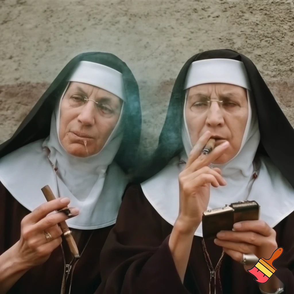 A picture on 2 nuns smoking cigars called the 'Stogie Sisters'.
