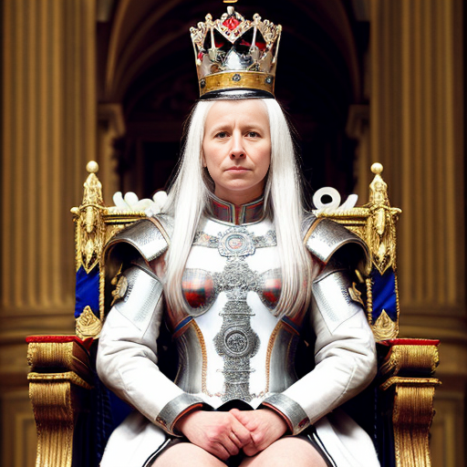 Tall, white-haired Queen of Poland in armor sitting on a throne
