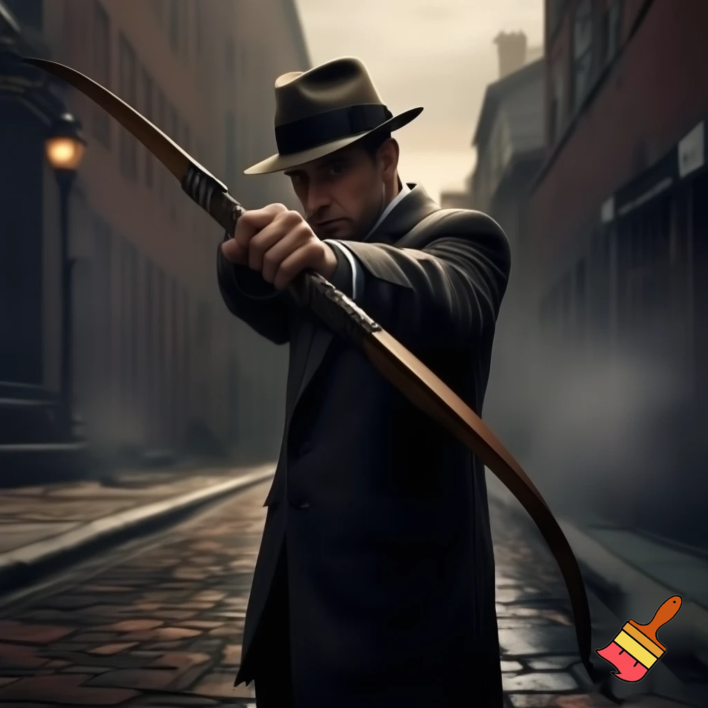 Classic 1950s mafia Mobster bow hunting in Boston 