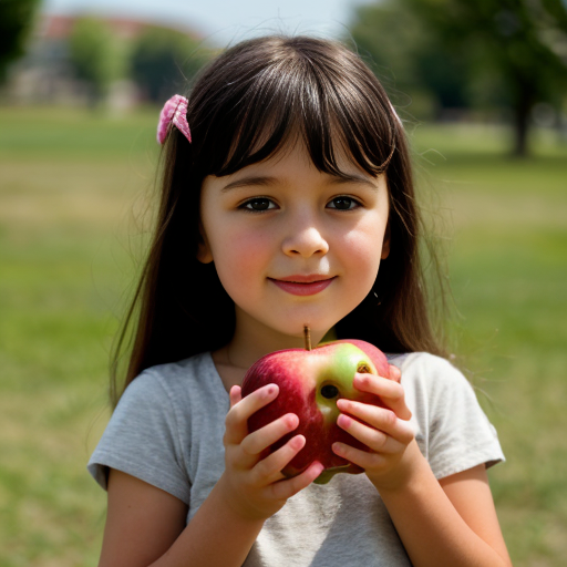 a little girl with a apple neeklace