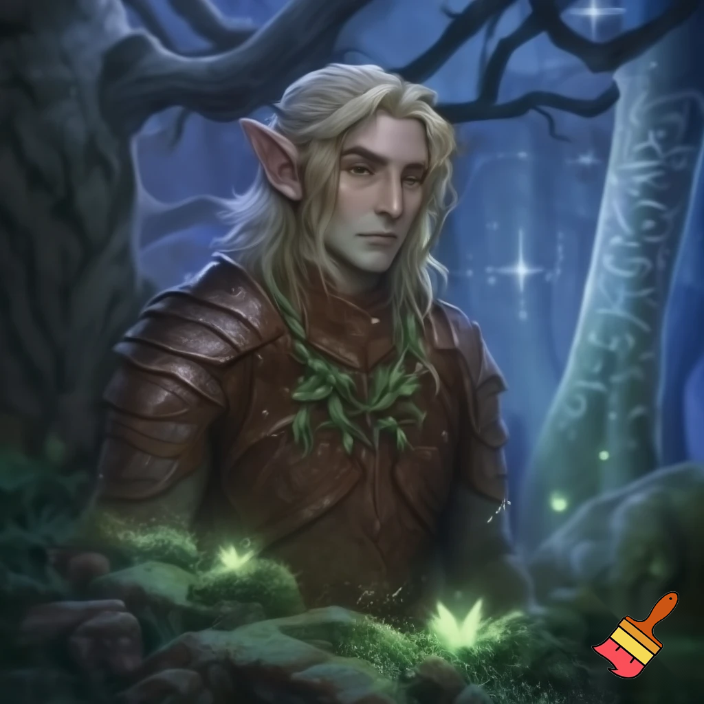  male wood elf circle of the stars druid pale skin blond hair hazel eyes leather armor with a sprig of mistletoe as a necklace