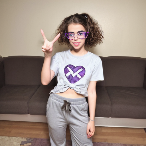 Realistic teenage girl with medium brown curly 2A hair, brown eyes, purple glasses, a dark grey t shirt with a white bow, black wide leg sweatpants and brown ugg shoes doing the peace sign with both hands and also doing the kissy face