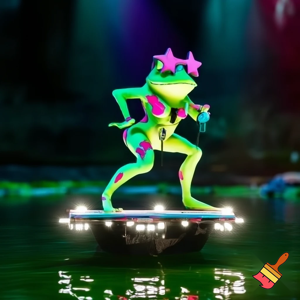 “Rana pop llamada CroakPop, de piel verde esmeralda con manchas rosadas brillantes. Usa gafas enormes en forma de estrella y un micrófono diminuto como collar. Se encuentra en un pequeño escenario improvisado sobre un charco iluminado por luces de colores. Pose estilizada de estrella del pop, ambiente divertido y vibrante, estilo caricatura detallada.”
