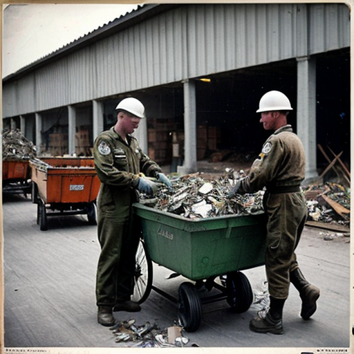 Women work in factories building equipment. Men in uniform prepare to leave for war. Children collect scrap metal in a red wagon. Posters on walls say, “Careless Talk Costs Lives” and “Grow Your Own.”