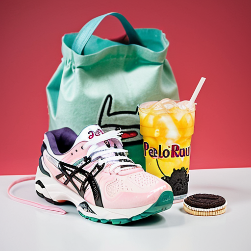 cree moi une image, un fond blanc avec une pere de asics gel kayano rose, une boisson oasis, un sac de macdo, un doudou hello kitty (que la tête), trois oreo, red bul vert
