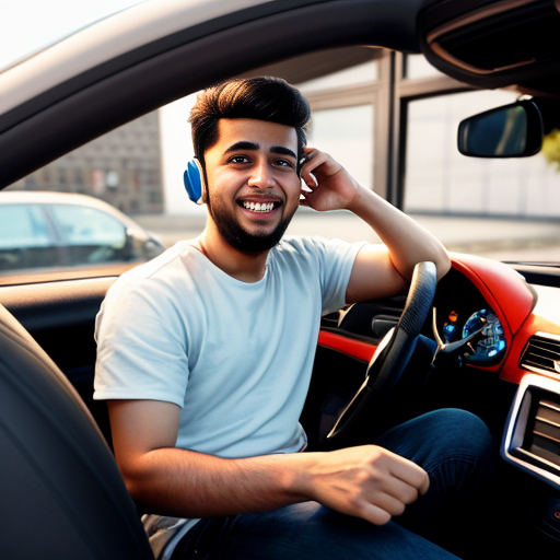 Pixar-style 3D cartoon, young Muslim man, 20 years old, beard, black jeans, white shirt, sitting in a car, holding phone to his ear, answering a call, relaxed pose, big expressive cartoon eyes, friendly smiling face, city visible through car windows in the background, bright colors, cinematic lighting, simple cartoon style