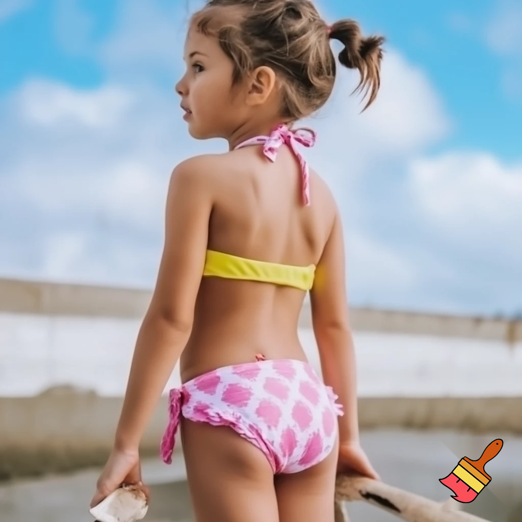 Cute girl in bikini from fac3 towarss camera and body backwards