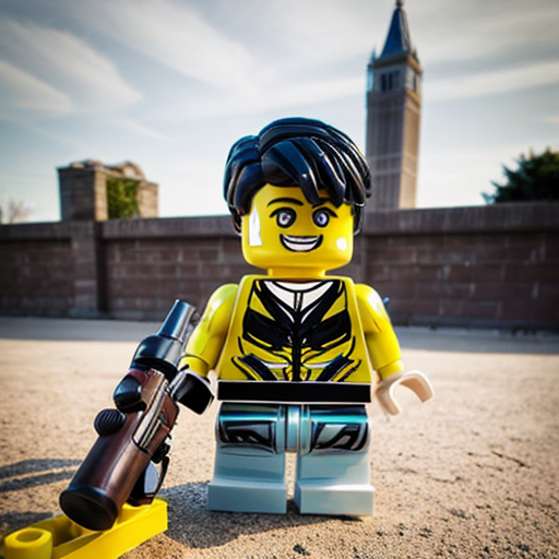 can you make me image made of Legos and I want a colored kid with a brige and towers behind him and sneakers a gun and phone
