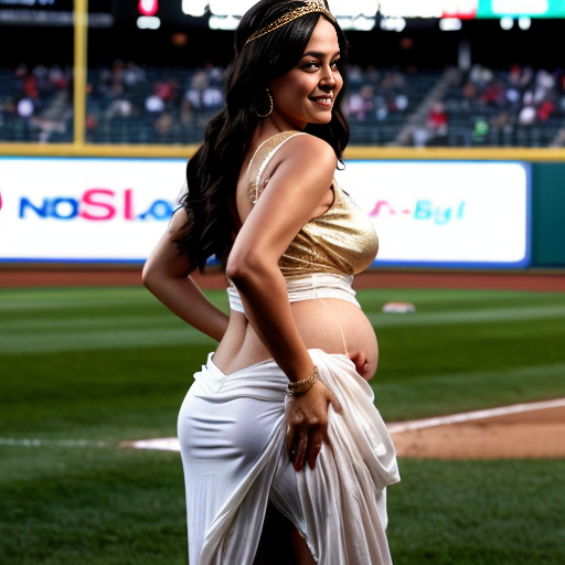 An erotic photograph of a full body rear view from behind, of a voluptuous plus size nude 50 year old pregnant Arab woman looking over her shoulder, with dark tanned skin, very long straight black hair, a gold tiara, waist chain, and earings, standing on the field, and leaning against the seats of a baseball stadium during a game. The woman has extreme unrealistic body proportions, with unrealistically large buttocks, hips, and breasts. She drops her white draped flowing dress down to her ankles to reveal her entire nude body with a focus on the woman's buttocks. The woman's face shows a mixture of happiness, pleasure, and exhaustion. A crowd of boys and girls cheer her on.