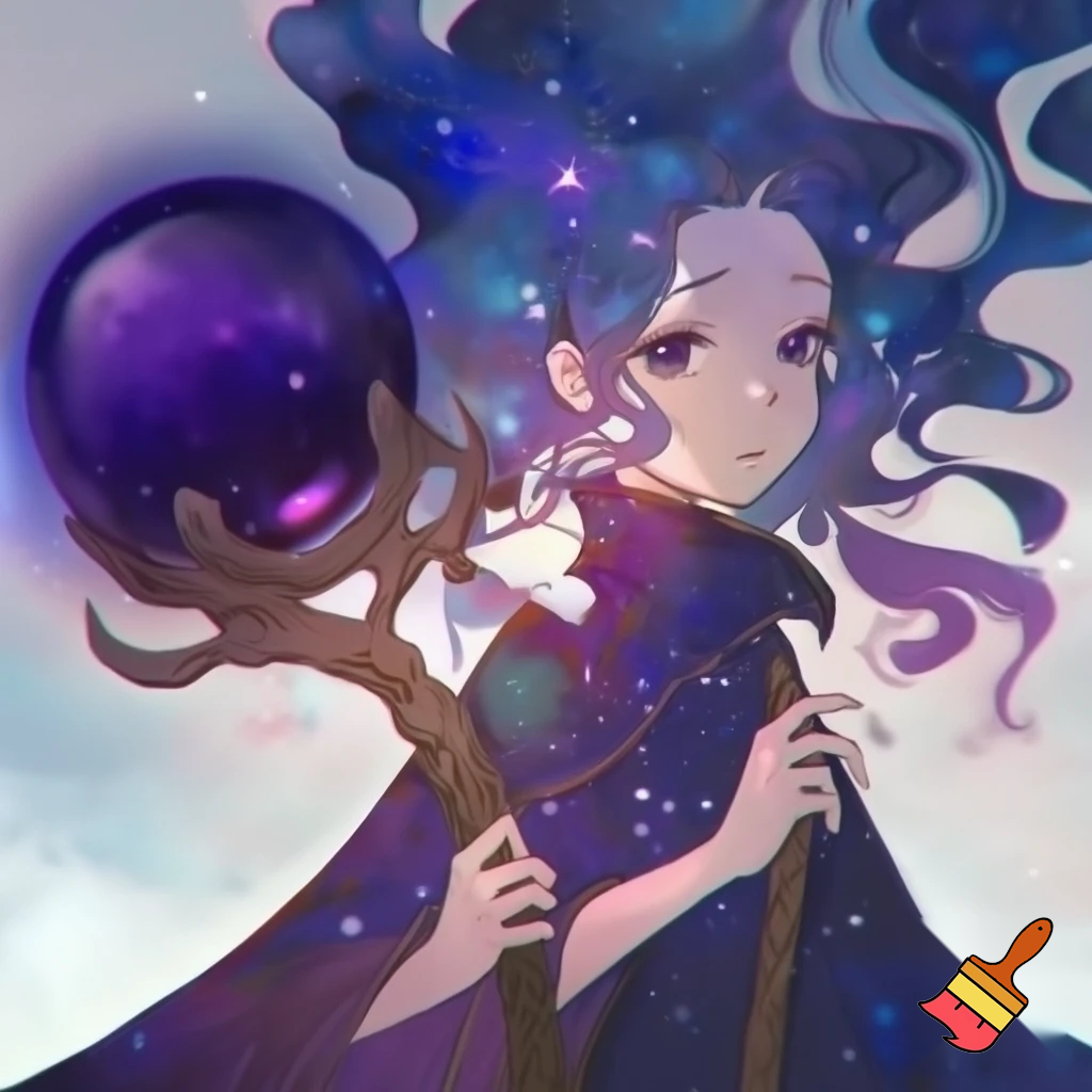 Anime style. Pale woman with medium length, wavy galaxy hair. Pale. Medium dark purple eyes. Wearing a wizard’s cloak. Holding a wooden staff with a dark purple orb at the top. 