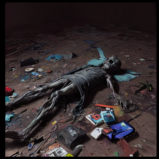 ​A screenshot of a social media feed with two stacked posts, featuring unreadable, distorted text and standard interaction icons. The top post displays two side-by-side images of a distorted, macabre humanoid figure in a tattered gown, covered in tattered cloths, lying on light dirt. The bottom post shows a single image of a messy, desolate space filled with debris and a dark, heavily distorted demon, The entire image must have a low-resolution, weirdcore, "cursed image" style with early AI generation artifacts.