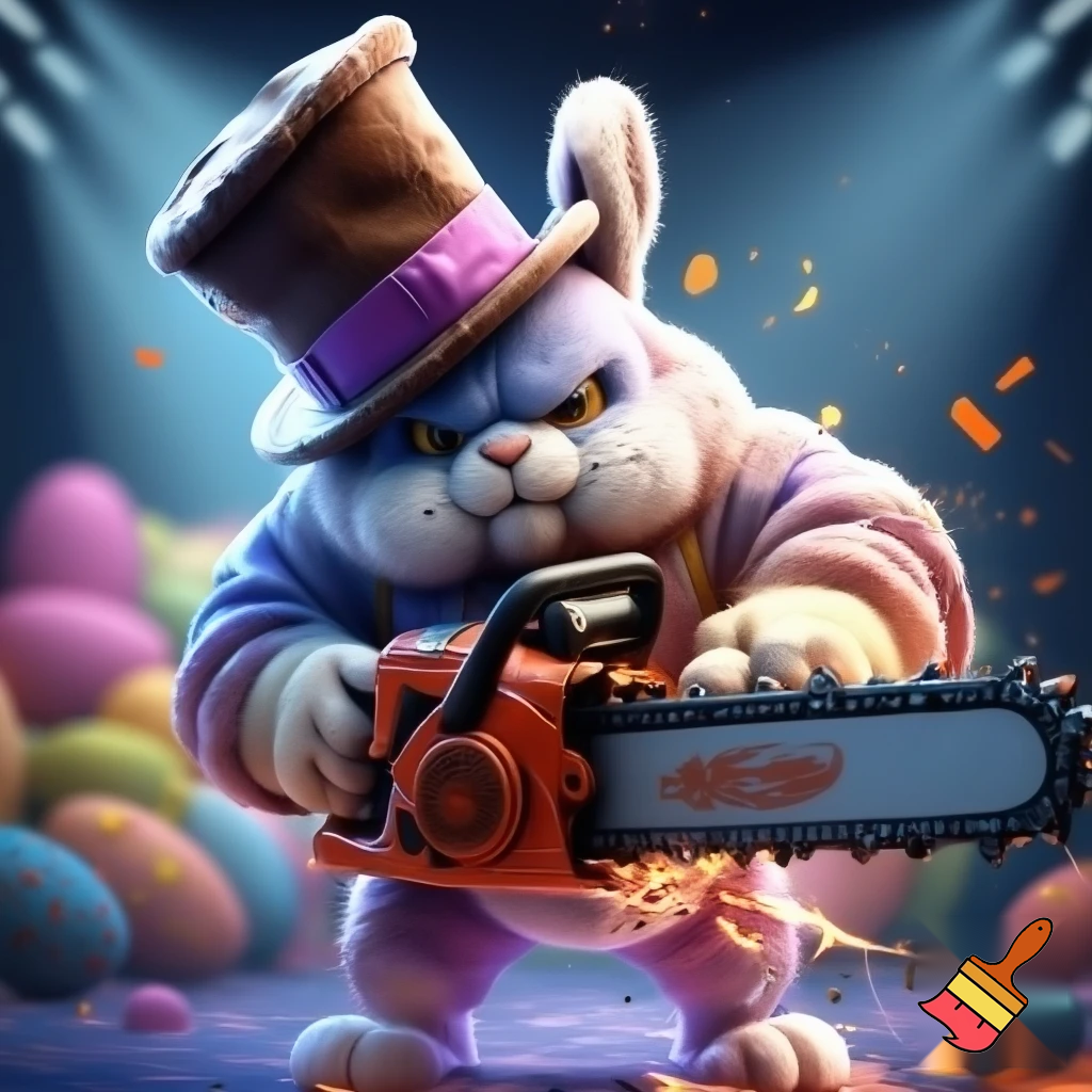 Easter bunny with a chainsaw with a top hat mascot costume