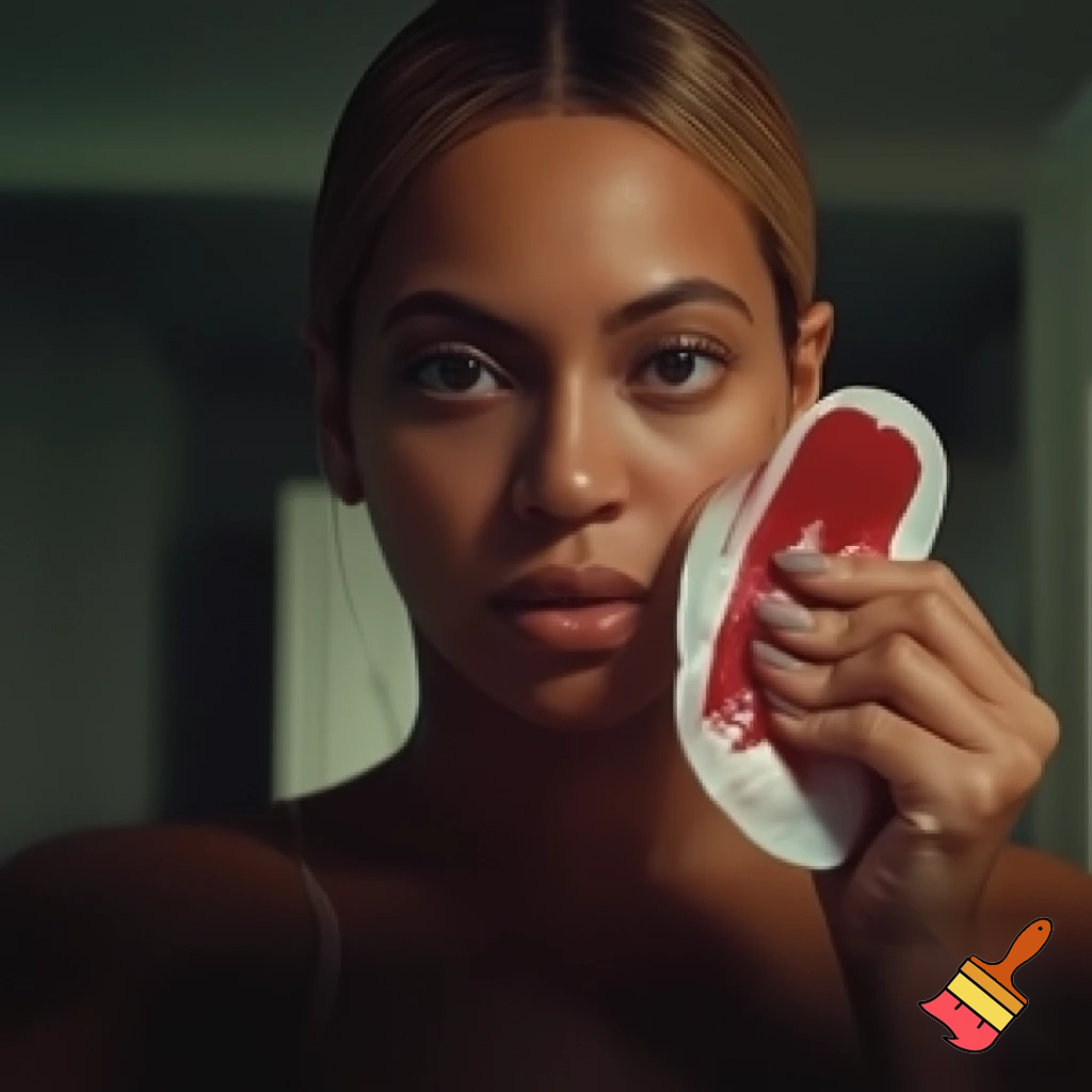 Beyonce with honey blonde slick hair holding a period pad full of blood selfie in her room