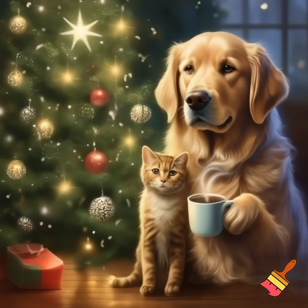 a dog and a cat thats holding a hot chochlate and they are standing beside a christas tree