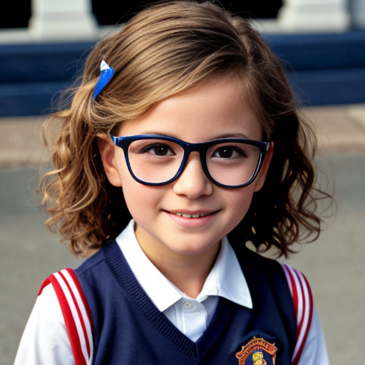 Cute adorable niña Chilindrina glasses con hair lazo curly Blonde con sailor uniforme escolar con zapatos negros escolar con calcetines blancos con Estados Unidos América bandera con desfile con ciudad 3