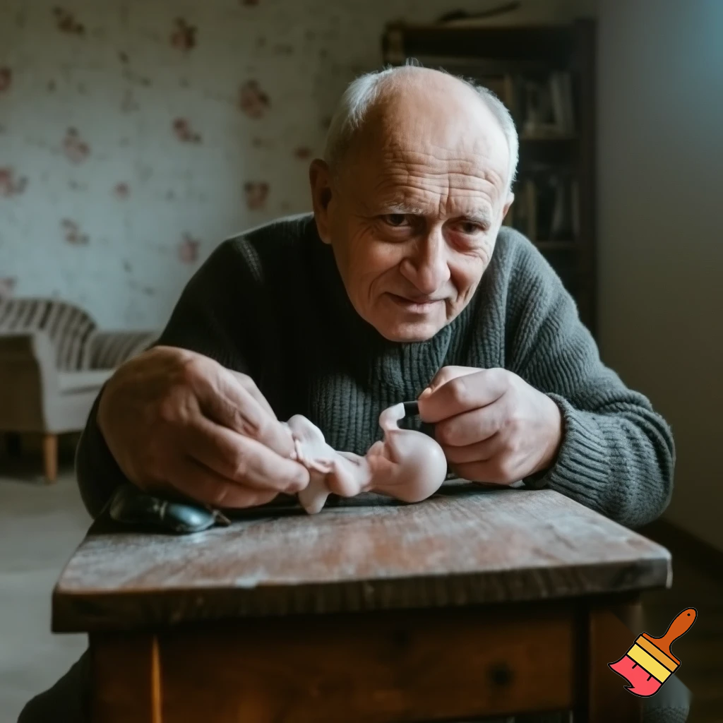 A realistic photograph of an elderly man sitting at a small wooden table, gently repairing a broken doll.
The scene looks natural and lifelike, with soft daylight coming from a nearby window.
The man’s face is warm and kind, with detailed wrinkles and calm eyes.
The background shows a simple cozy room with a nostalgic atmosphere.
Realistic lighting and natural colors.