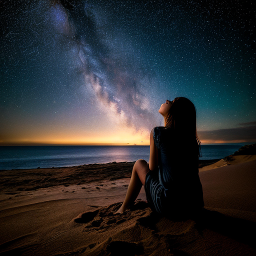 A girl amidst the sand, with the sea before her, gazing at the stars
