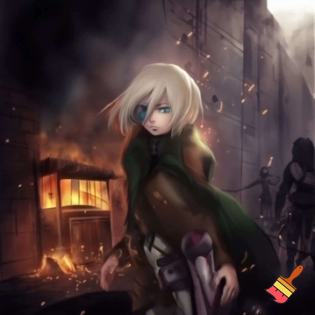 Morana Ambrose, little merchant (herbalist : sell average plants and tea) in Aot world, short woman (under 160cm), weightless, Wall Rose, childhood friend with Hange Zoë (same age as Hange Zoë and Levi Ackerman), her shop gets attacked and burned down by bandits, severely injured at the leg, she seeks Hange's help and stays in the Survey Corps HQ,One blue and one green eye platinum blond hair fair skin steampunk clothes in Aot style