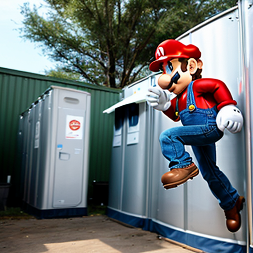 Mario jumping through portable toilets