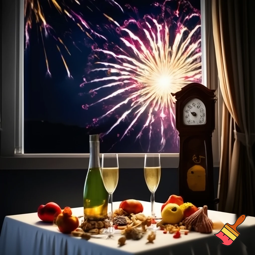 on the table a white tablecloth, two glasses of champagne, a bottle, hanging colorful paper streamers, snacks and fruit, next to it there is an old clock with numbers, the hands of the clock are at 12 o'clock, in the background there is a window with curtain and fireworks outside the window