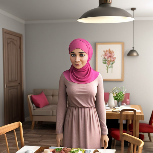 Pixar-style 3D cartoon, Muslim woman, 50 years old, fully covered, headscarf covering all hair, modest appearance, wide flowing pink dress, standing in a modern living/dining room, placing plates on the table, preparing food to eat, medium-class interior, neutral colors, simple furniture, cozy atmosphere, bright friendly lighting, simple cartoon style