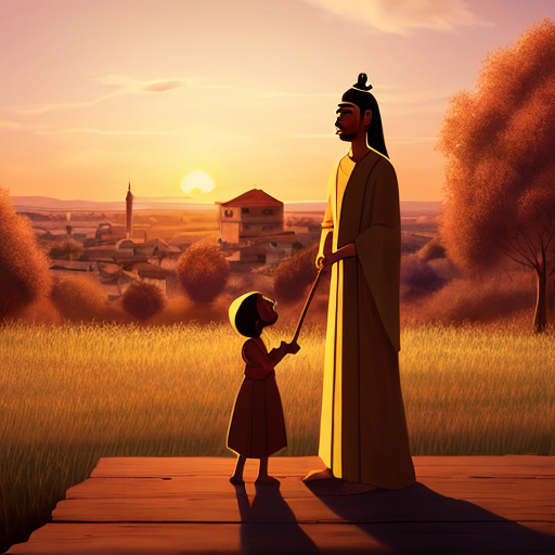 Animated scene of Suliemen Ata handing the child to the mother, standing tall with wooden staff, sunset golden light, serene and symbolic atmosphere, village in the background, warm colors, justice and wisdom symbolized, hand-drawn animation style, cinematic composition, highly detailed
