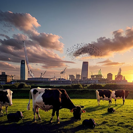 make the skyline of london with a sunset and fluying cows in the sky