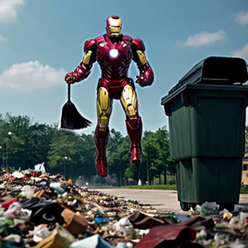 iron man bajando volando a un parque lleno  de basura con una escoba y un basureron en modo animado