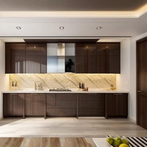 generate an interior picture of a commercial room , 
commercial premises, with a 2.5-meter-long and 2.7-meter-high wall on the left, with 5 4-centimeter-wide pecan-colored boards on the left and right edges of the wall, and black wallpaper with gold-colored thin stripes in between. There is also a 60-centimeter-wide and 2-meter-high decorative panel with a floral pattern, and a 60-centimeter-wide and 2-meter-high mirror. the second wall begins with 50 cm of 4 cm wide pecked walnut-colored slats, followed by a 1.80 m long and 1.3 m high counter with a glass in the middle that is illuminated from the inside with yellow light, then 90 cm of slats that are pecked at regular intervals, and the wall ends with a door that matches the color of the counter. The third wall is covered with decorative plaster. Design this room in a modern and stylish manner.