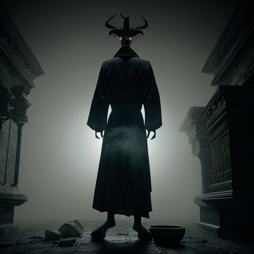 Photorealistic dark fantasy crypt. A gaunt, pale man in black robes stares at a fleshy, grotesque sack hanging from a rope. A winged, horned demon perches on a stone ledge behind him. Ruined stone floor with rubble, broken pots, and low-lying fog. Cinematic volumetric lighting, macabre gothic horror style, 8k resolution