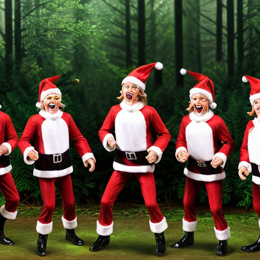 Create five male elves singing and dancing in the middle of the forest, who are not Christmas-themed and have more realistic and well-shaped faces.