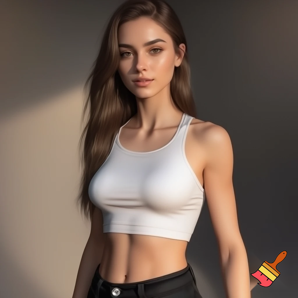 Photorealistic portrait of a blonde woman, approximately 22 years old, with long legs and athletic figure. She has long, naturally flowing dark blonde hair, oval face, almond-shaped haselnut brown eyes, average eye spacing, slim straight nose, naturally full lips, soft facial features, harmonious proportion and delicate, harmonious facial features. Her overall presence is confident, natural, and modern.  Natural daylight. white croptop, black jeans.