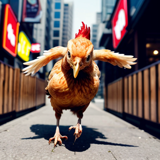 generate a photo of a peice of chicken running away terrified from kfc
