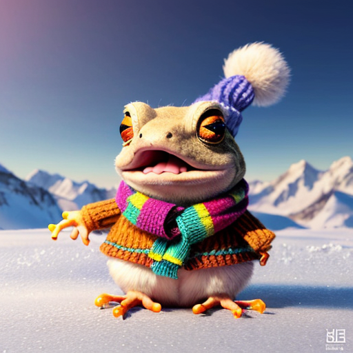 A laughable, puzzled animal toad in woolen, multicoloured winter clothings with woolen winter cap. Hyperrealistic style.