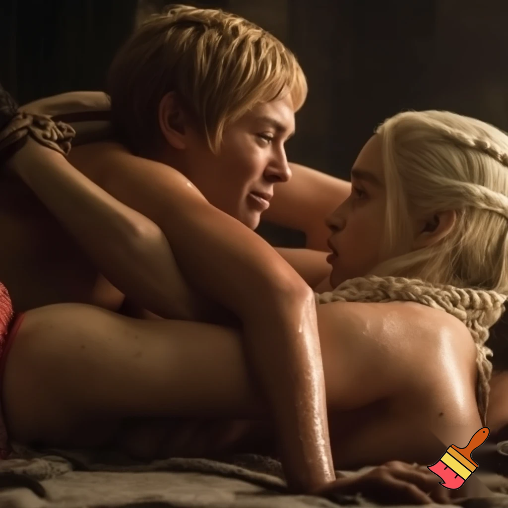 Daenerys Targaryen and Cersei Lannister wrestling on the bed , Cersei Lannister is under Daenerys and losing. Both are naked and all sweaty 
