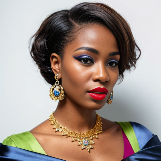Generate an art-portrait of a young and beauty Black woman. She wears a blue satin off-the-shoulder top, red lipstick. With jewellery: big golden necklace and great earrings with sapphires. The image has a background with gold flakes and gold leaf. 