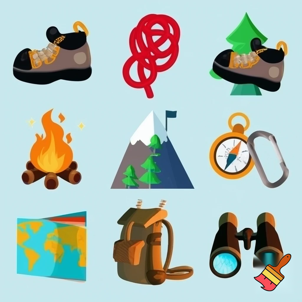 single icons of nature exploration in cartoon style : climbing shoe, cord, fir tree, mountain, campfire, tent, carabiner, compass, backpack, world map, hiking shoe, binoculars