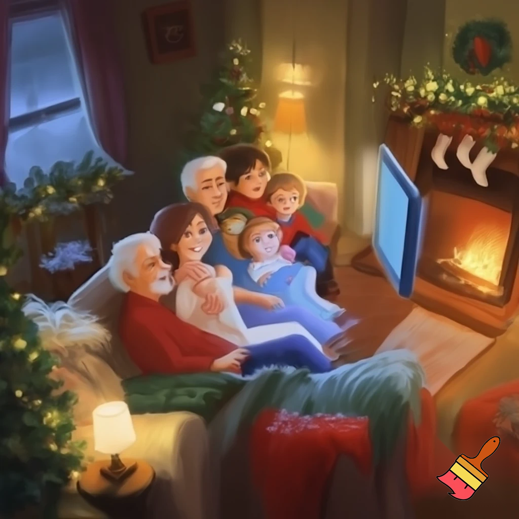 Make me a nice cosy Christmasy family in the living room watching a movie