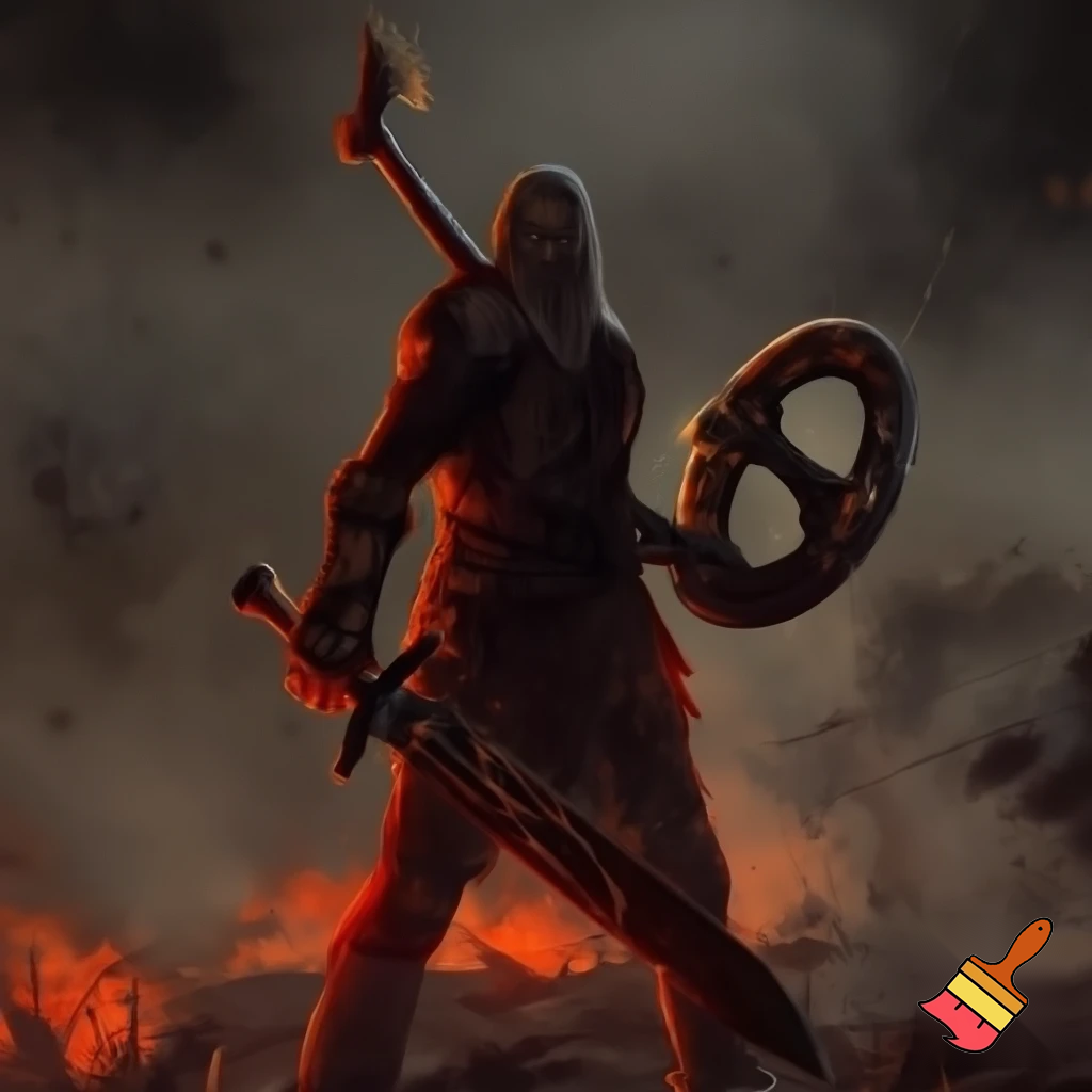 Dark fantasy album cover, no cape. 
Lucen Vor, human warrior fused with inner fire, full-body 3/4 stance. 
Weapons visible: 
- Solvaeris (long ashfire sword, dark steel with inner ember veins) in right hand, tip down; 
- Esvanyr (heavy iron gauntlets with glowing runes) on both hands; 
- Finitar (brutal two-handed execution axe) across the back, head visible over shoulder; 
- Ygnyrion (incandescent ring blade / heavy chakram ~70cm, serrated outer rim, inner rune core, internal grip) in left hand, tilted as if about to throw; 
Infernal battlefield, falling ash, embers, smoke. 
Dramatic rimlight red/amber, subtle grey-steel fill, slightly clearer silhouette to read all weapons. 
No cape. No bloom. Not cartoon. Gritty, brutal, realistic texture.