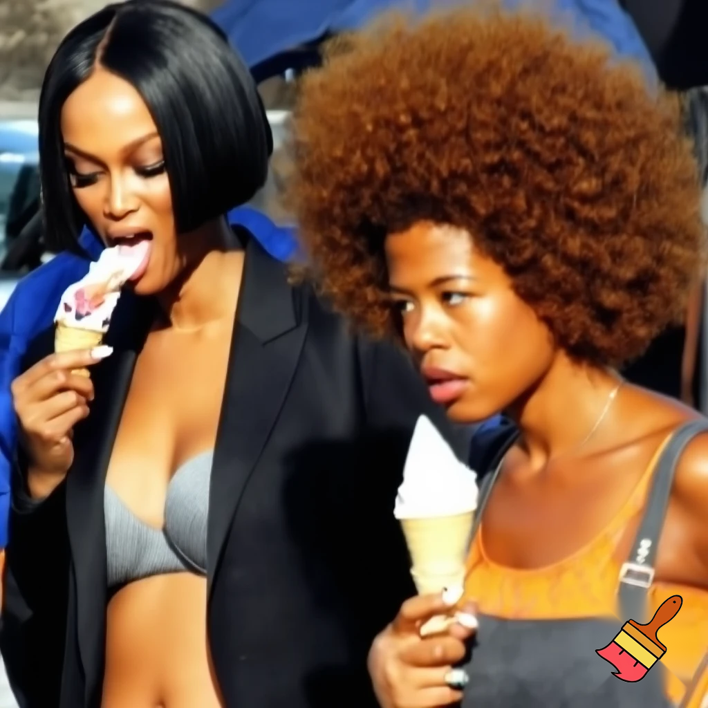 Tyra Banks and Kelis filming Commercial Behind The scenes Tyra Banks has a black sleek middle part bob hair and is wearing a black suit and a grey bra eating ice cream and Kelis has a brown voluminous curly hair Afro wearing a grey jumpsuit and a orange camisole 