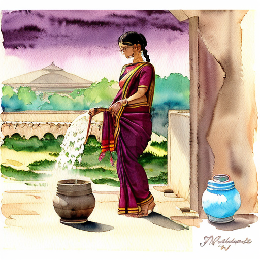 Studio Ghibli style watercolor 1990s rural Tamil Nadu village,
same mother character (28 yo, maroon cotton saree with jasmine braid),
drawing water from village well, brass pot, golden morning light, dust