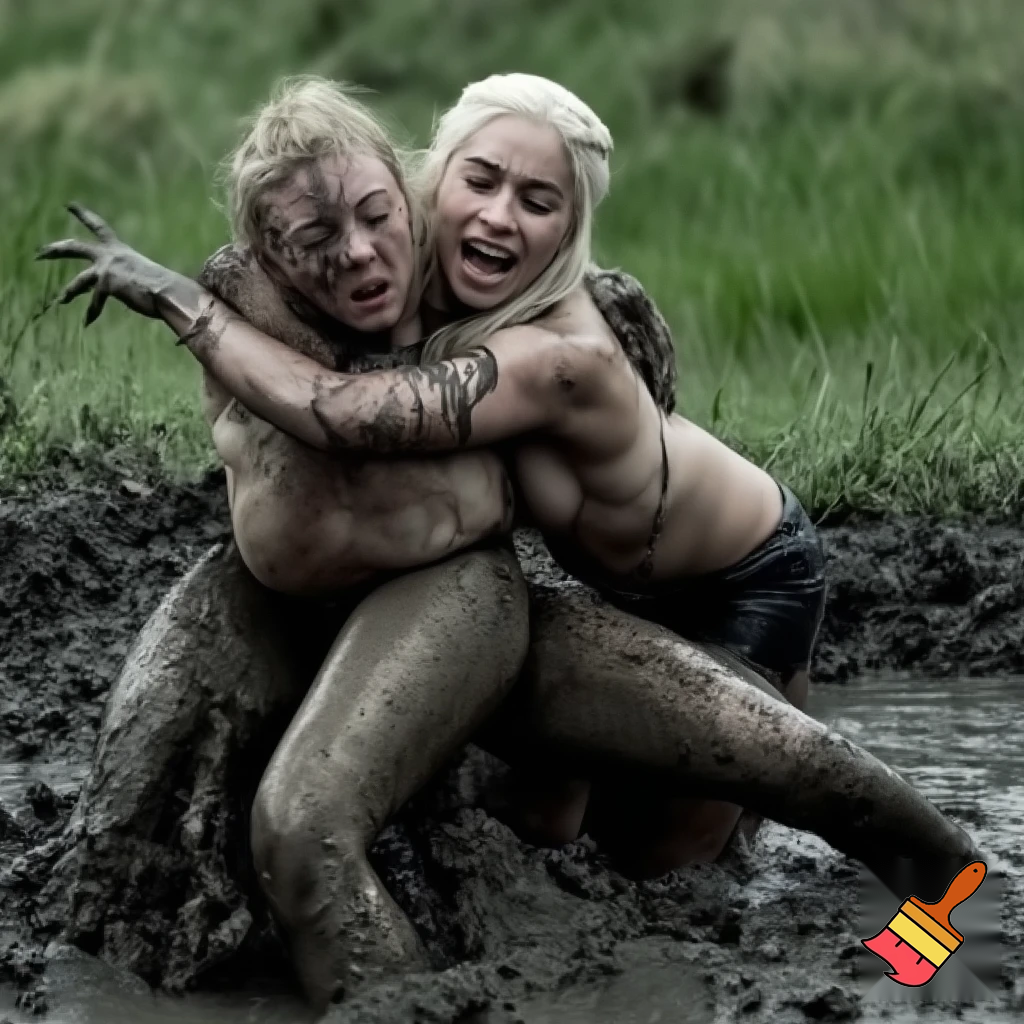 Daenerys Targaryen and Natalie Dormer wrestling in the mud , Natalie Dormer is under Daenerys and losing. Both are naked and all sweaty 
