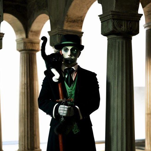 Genera una imagen de una columna griega con de rosas con espinas, las rosas salen desde abajo conforme van subiendo se van degradando hasta perderse en la columna, en la columna quiero que se vea un caballero, en la columna centrado de pie sosteniendo una espada al frente, que el caballero sea parte de la misma columna con el mismo material de la columna, también quiero que los colores sean bioluminiscentes, pero con un estilo gótico, y que haya un gato negro con ojos verdes abajo de la figura del caballero