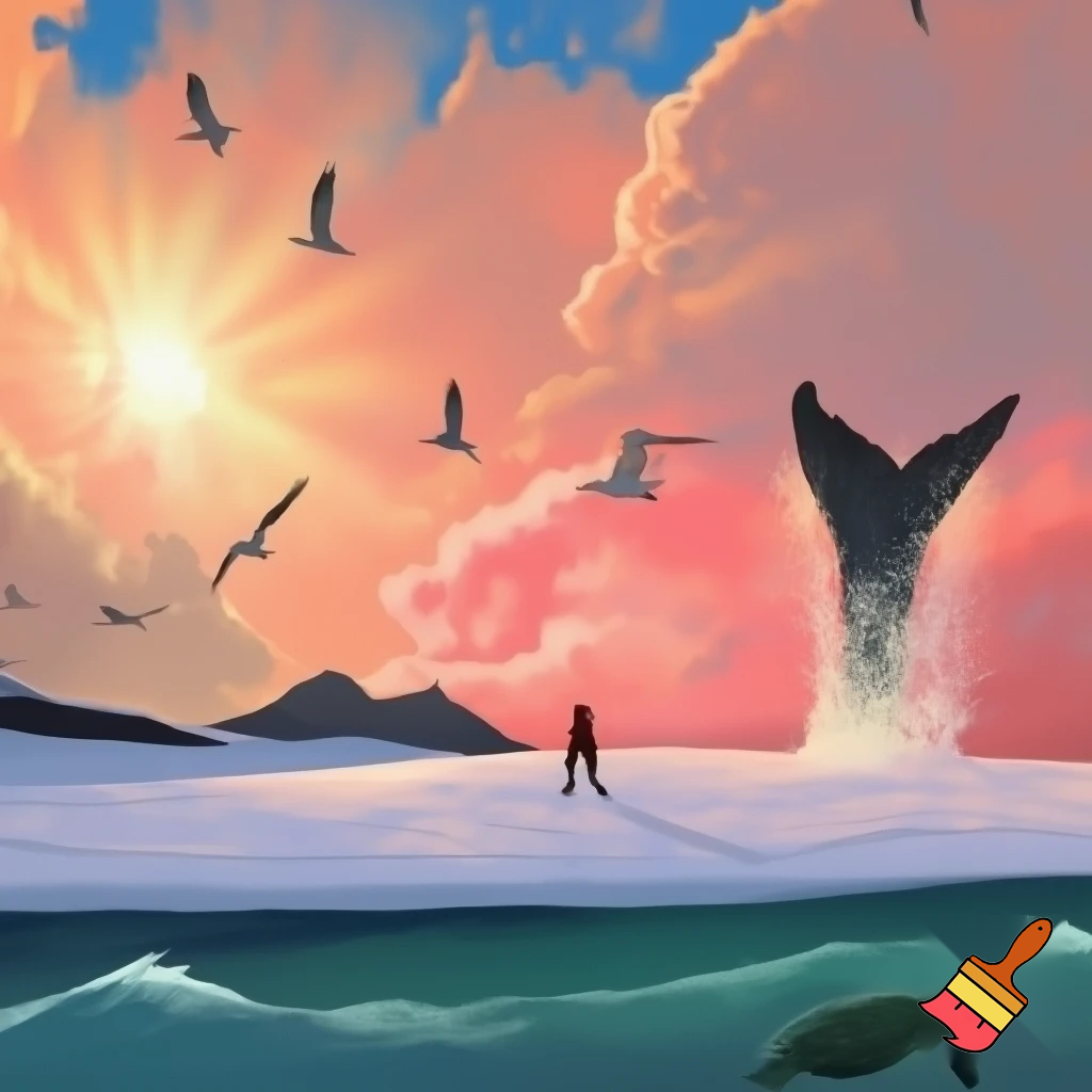 The sky was wrapped in a warm blanket of clouds whilst the sun peeped through.As I looked up,the seagulls cried out loudly as they gracefully flew across the sky.As I began walking across the velvety snow my cheeks turned bright red and my nose began to drip out water.When I opened my mouth a cloud of smoke burst out.

The mountains were grey and black.As I looked into the sky the clouds turned a bright pink and orange as they moved closer together like a happy family.The temperature dropped even lower and my legs felt like they were about to freeze  but i kept walking and didn't give up.The snow went onto my face and my hands started to become even colder but i still didn’t give up.

The waves splashed into the sky and sprayed onto my face.Whilst I wasn't looking a whale splashed out the water and into the sky my stomach dropped in shock.The water was a calm blue and green and I saw a turtle through it.
