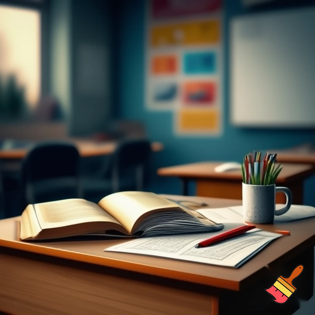school background of a teacher desk