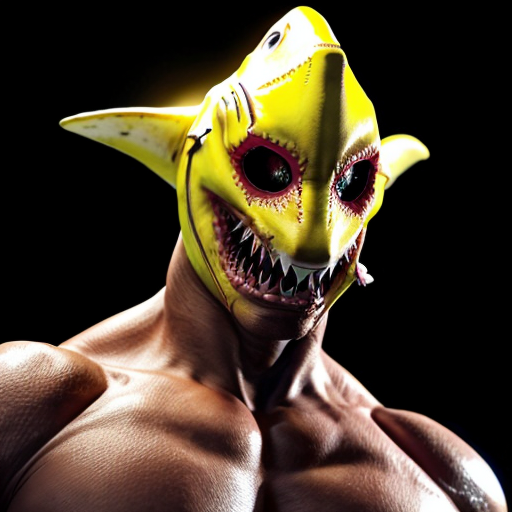 peux tu générer un homme requin humanoide  qui porte un costume jaune abimé. Ses bras protent  des ailerons de requins. Il est musclé et à l'air méchant. Il porte un chapka russe sur la tête. représente le de plein pied et insiste sur son côté requin terrifiant.