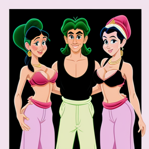 90's disney's 2d aladdin style image black background and of a three headed black haired ponytail woman with green skin,green harem pants pink bra and pink sash and pink curved slippers