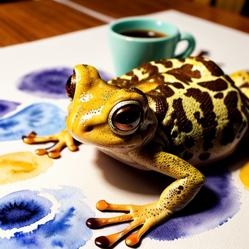 A hillarious, funny boho toad with some hippie colored coffee cups. Psychedelic decorated background, hyperrealistic. Close-up view.