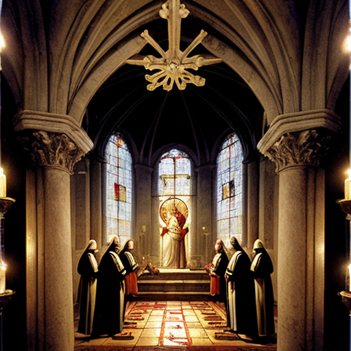a vast, cathedral-like Vatican slaughterhouse where the sacred and the profane collide under vaulted ceilings adorned with frescoes of angels holding cleavers. Dozens of naked, headless corpses hang from meathooks in neat rows like perverse rosary beads, their skin marked with ritualistic carvings and wax-drip sealant from extinguished candles. Robed priests with blood-smeared faces oversee the operation, chanting Latin blessings while workers in biohazard suits methodically dismember carcasses on stainless steel altars, their visors fogged with condensation. The floor glistens with a slick of crimson and holy water, drains clogged with chunks of fat and discarded sacramental wafers. Along the far wall, conveyor belts transport shrink-wrapped cuts of human meat stamped with papal seals toward an industrial freezer humming beside a reliquary filled with finger bones and teeth. A single stained-glass window casts prismatic light across the scene, depicting St. Peter handing Christ a butcher’s apron